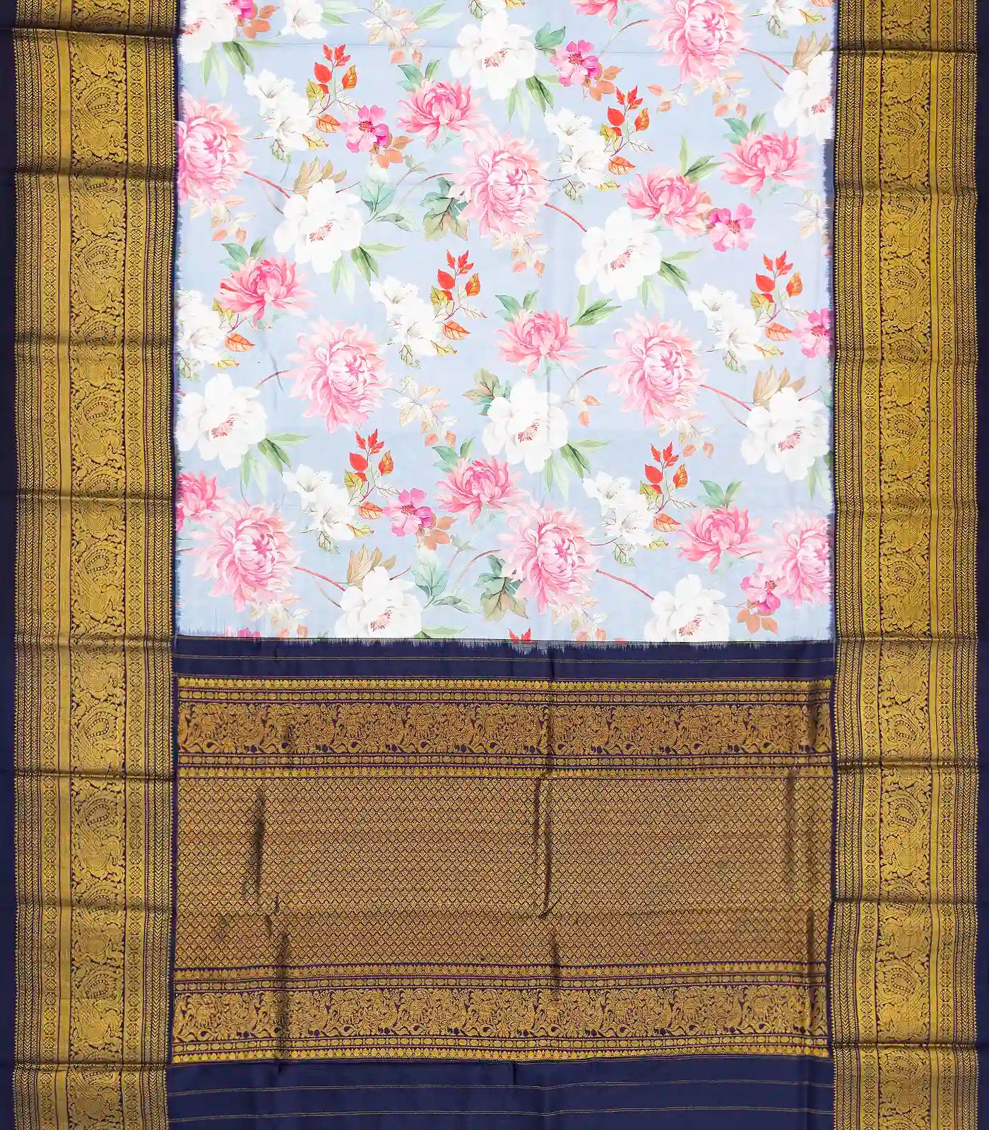 Light Blue Handloom Kanchipuram Korvai Silk Saree Printed With Floral Motifs