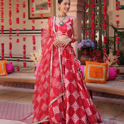 Ruby And Cream Rhapsody Printed Satin Lehenga Set