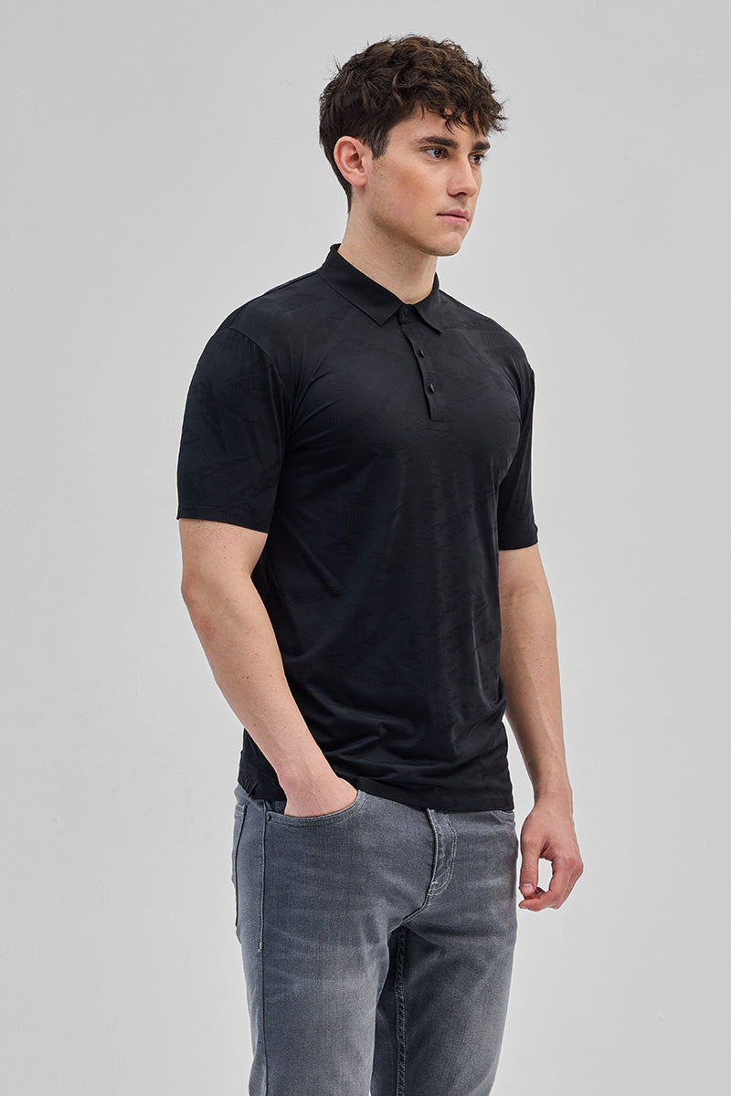 Black Textured Stitchless Polo T-Shirt