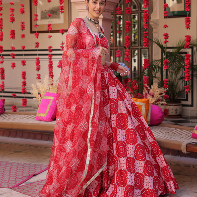 Ruby And Cream Rhapsody Printed Satin Lehenga Set