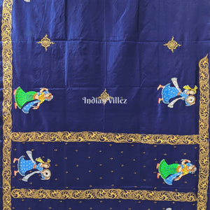 Navy Blue Nartaki Theme Hand-Painted Pattachitra Saree