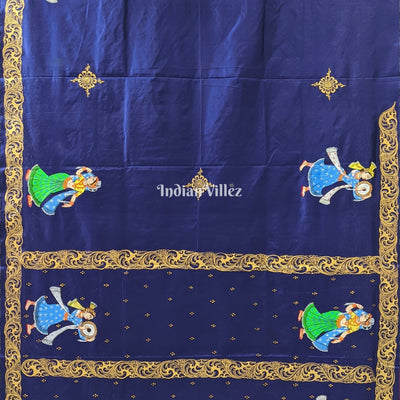 Navy Blue Nartaki Theme Hand-Painted Pattachitra Saree