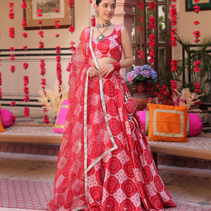 Ruby And Cream Rhapsody Printed Satin Lehenga Set