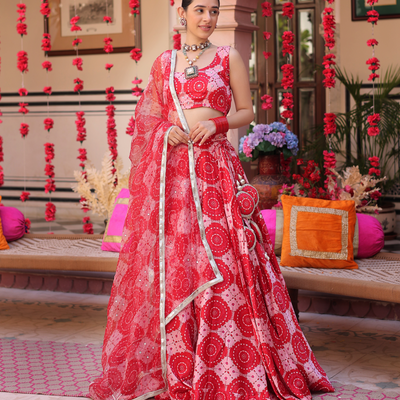 Ruby And Cream Rhapsody Printed Satin Lehenga Set
