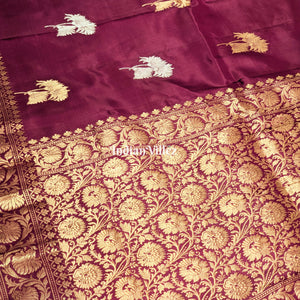 Wine Floral Designer Katan Silk Banarasi Saree