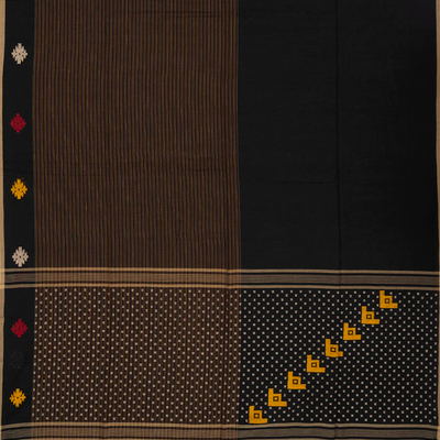 Black Handloom Bengal Cotton Saree With Stripes & Buttas in Border