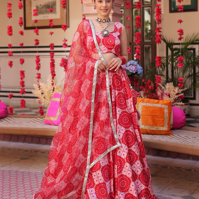Ruby And Cream Rhapsody Printed Satin Lehenga Set