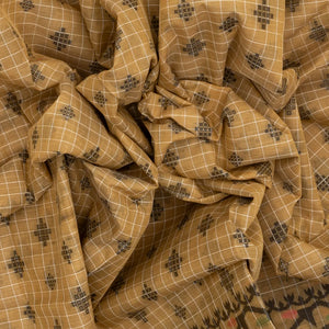 Beige Bengal Cotton Saree With Checks & Floral Motifs