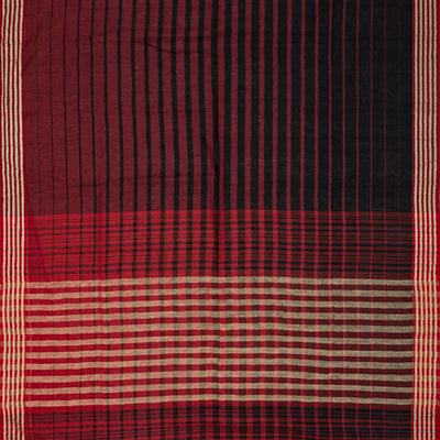 Maroon Handloom Bengal Cotton Saree With Red and Black Gradient stripes