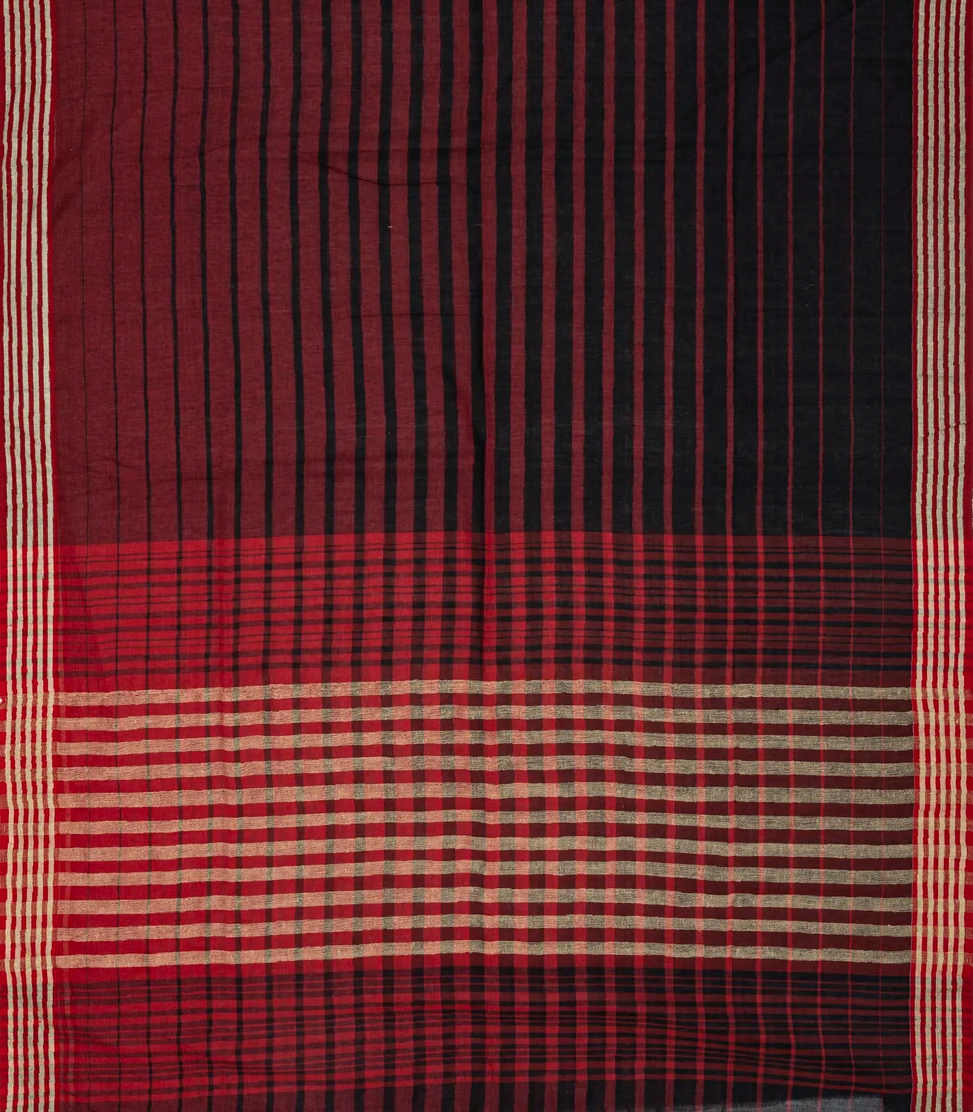Maroon Handloom Bengal Cotton Saree With Red and Black Gradient stripes