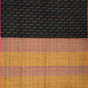 Black Handloom Linen Saree With Diagonal Stripes