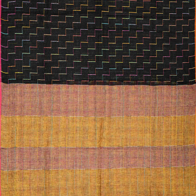 Black Handloom Linen Saree With Diagonal Stripes