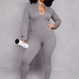Plus Size Half Zip Long Sleeve Catsuit