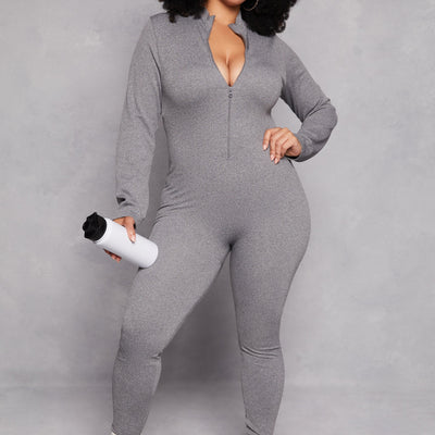 Plus Size Half Zip Long Sleeve Catsuit