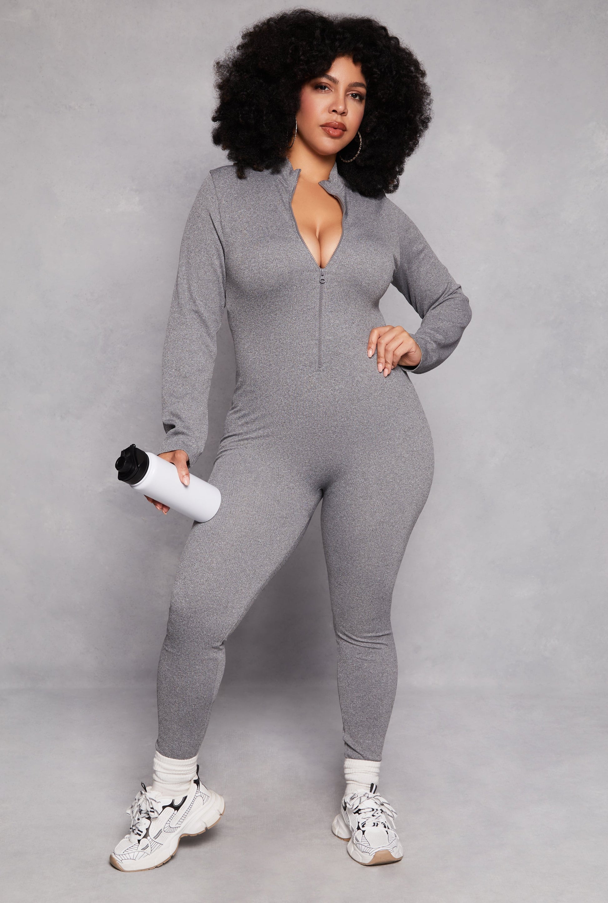Plus Size Half Zip Long Sleeve Catsuit