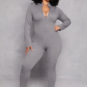 Plus Size Half Zip Long Sleeve Catsuit