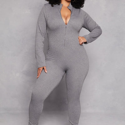 Plus Size Half Zip Long Sleeve Catsuit