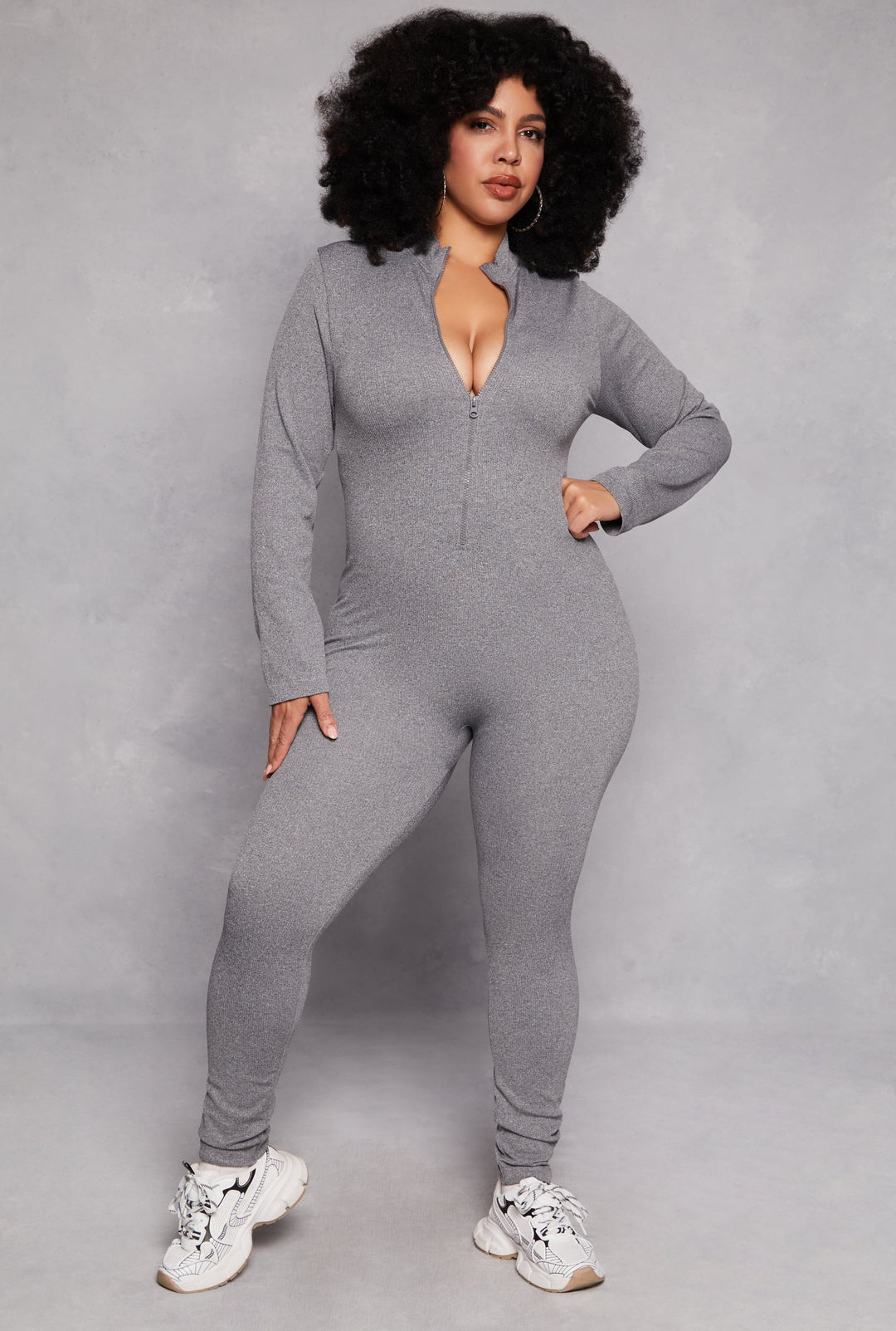 Plus Size Half Zip Long Sleeve Catsuit