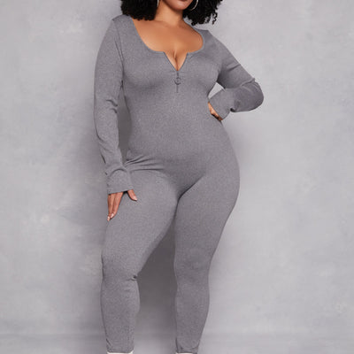 Plus Size Long Sleeve Half Zip Catsuit
