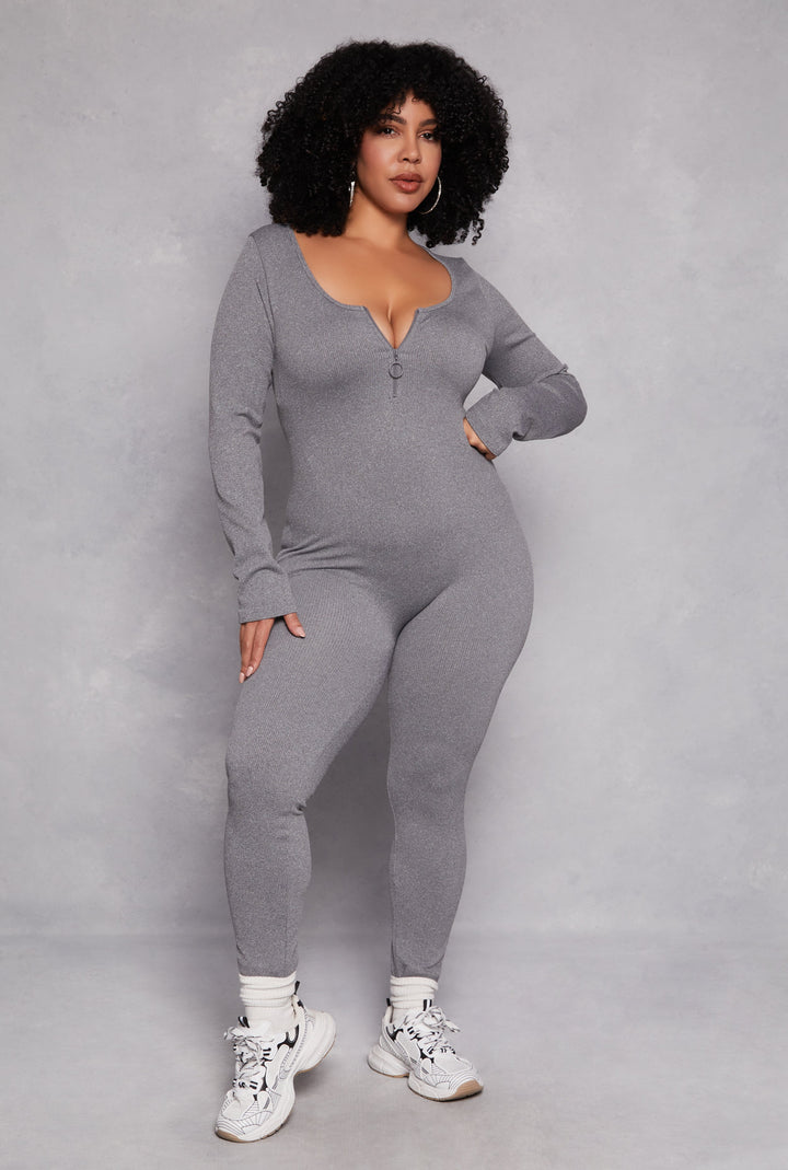 Plus Size Long Sleeve Half Zip Catsuit