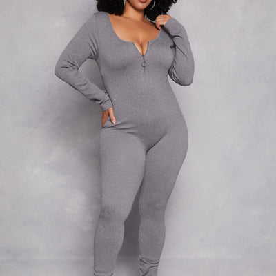 Plus Size Long Sleeve Half Zip Catsuit