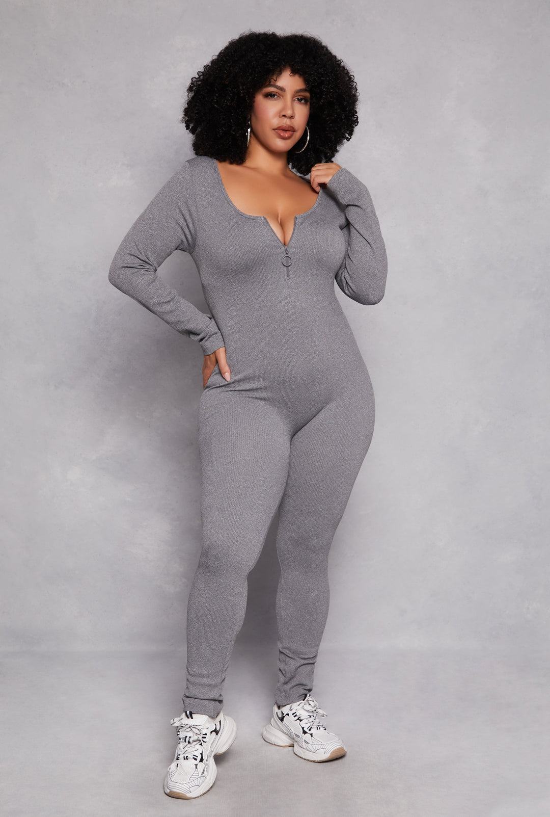 Plus Size Long Sleeve Half Zip Catsuit