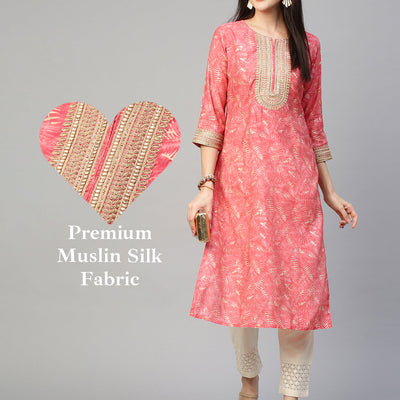 Ethnic Printed & Embroidered Kurta - Peach