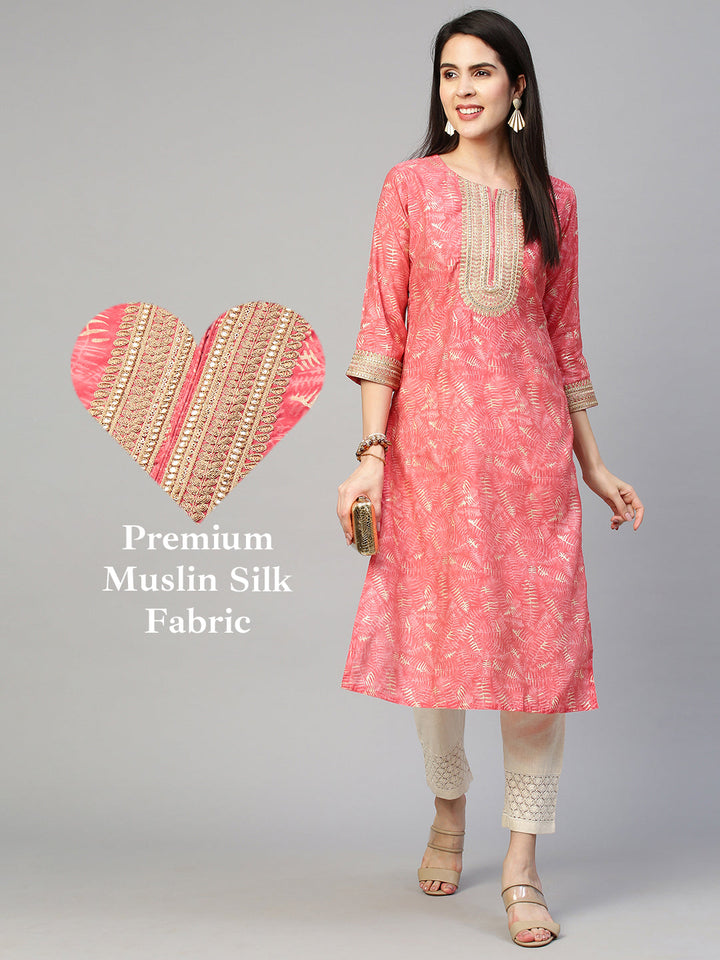 Ethnic Printed & Embroidered Kurta - Peach