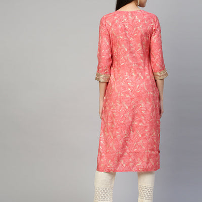 Ethnic Printed & Embroidered Kurta - Peach