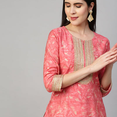 Ethnic Printed & Embroidered Kurta - Peach