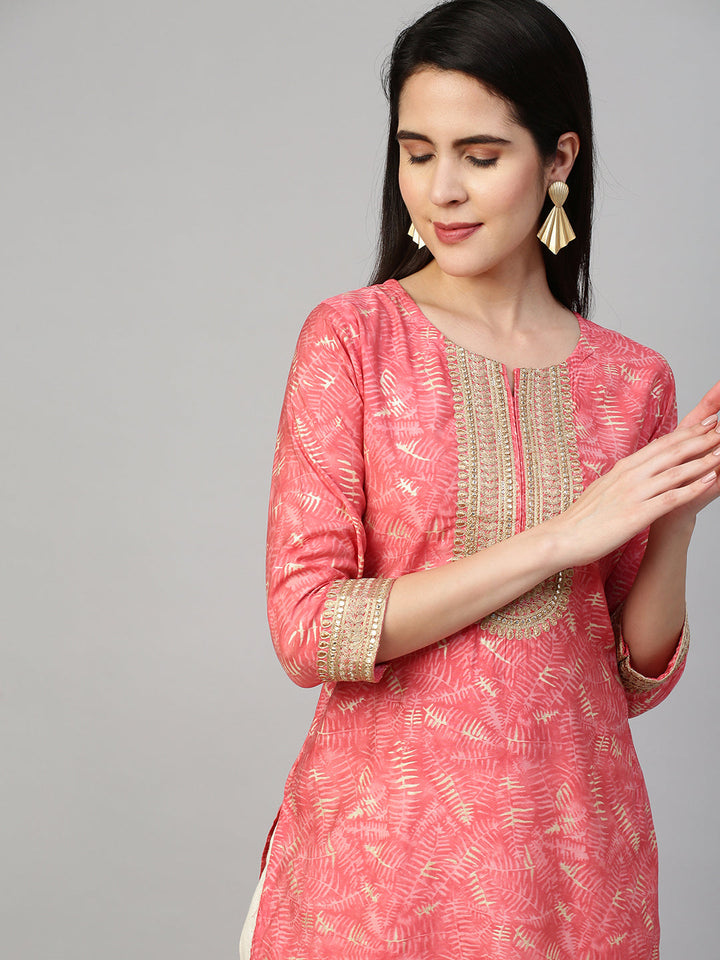 Ethnic Printed & Embroidered Kurta - Peach