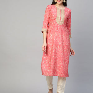 Ethnic Printed & Embroidered Kurta - Peach