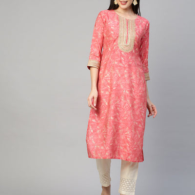 Ethnic Printed & Embroidered Kurta - Peach
