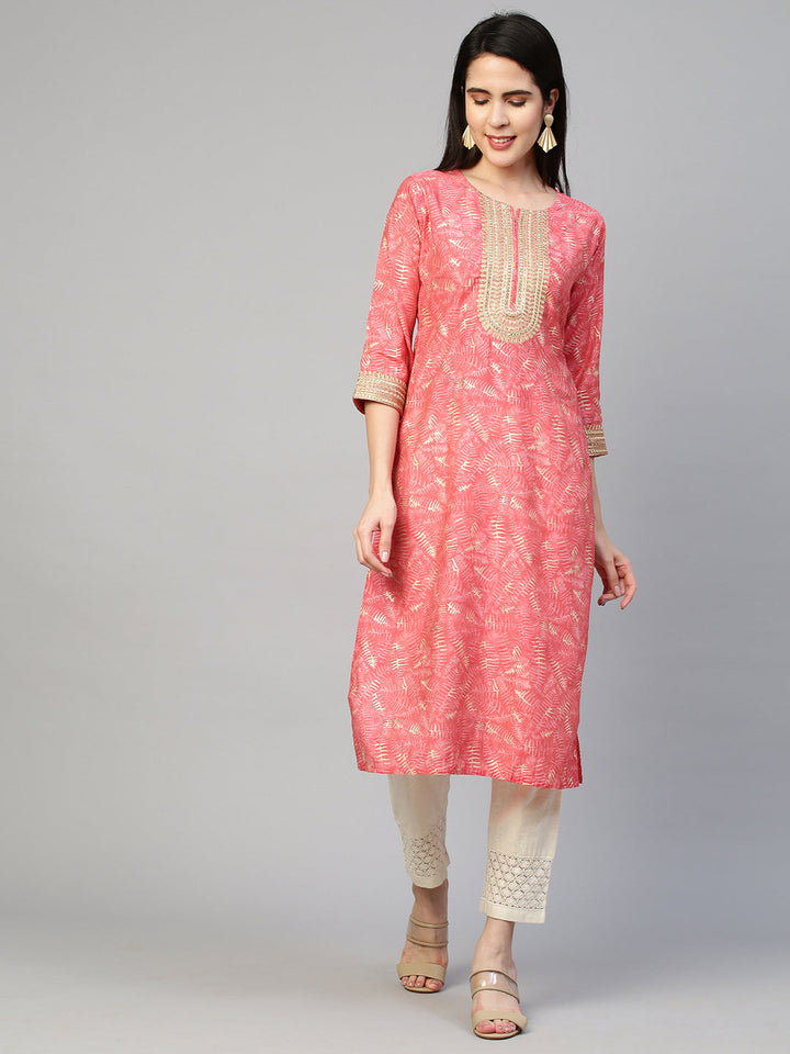 Ethnic Printed & Embroidered Kurta - Peach