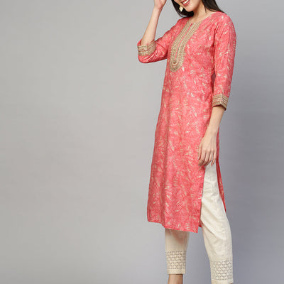 Ethnic Printed & Embroidered Kurta - Peach