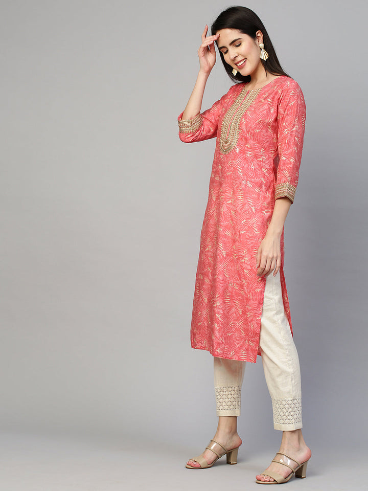 Ethnic Printed & Embroidered Kurta - Peach