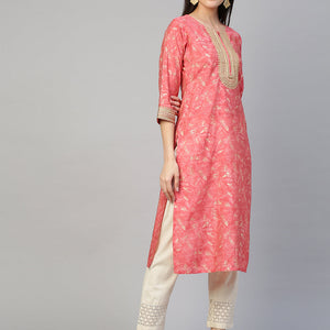 Ethnic Printed & Embroidered Kurta - Peach