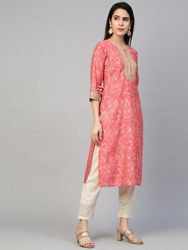 Ethnic Printed & Embroidered Kurta - Peach