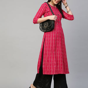 Bandhej Printed & Embroidered Kurta - Hot Pink