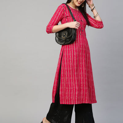 Bandhej Printed & Embroidered Kurta - Hot Pink