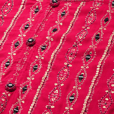 Bandhej Printed & Embroidered Kurta - Hot Pink