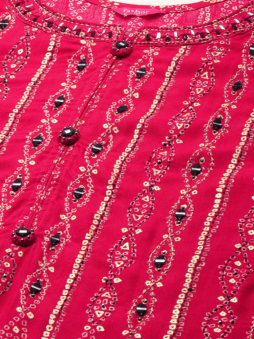 Bandhej Printed & Embroidered Kurta - Hot Pink