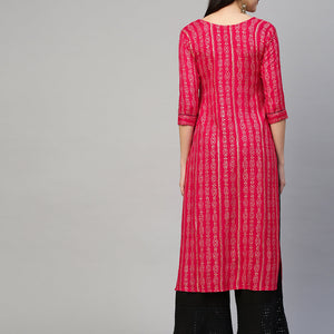 Bandhej Printed & Embroidered Kurta - Hot Pink