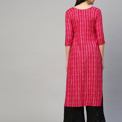 Bandhej Printed & Embroidered Kurta - Hot Pink