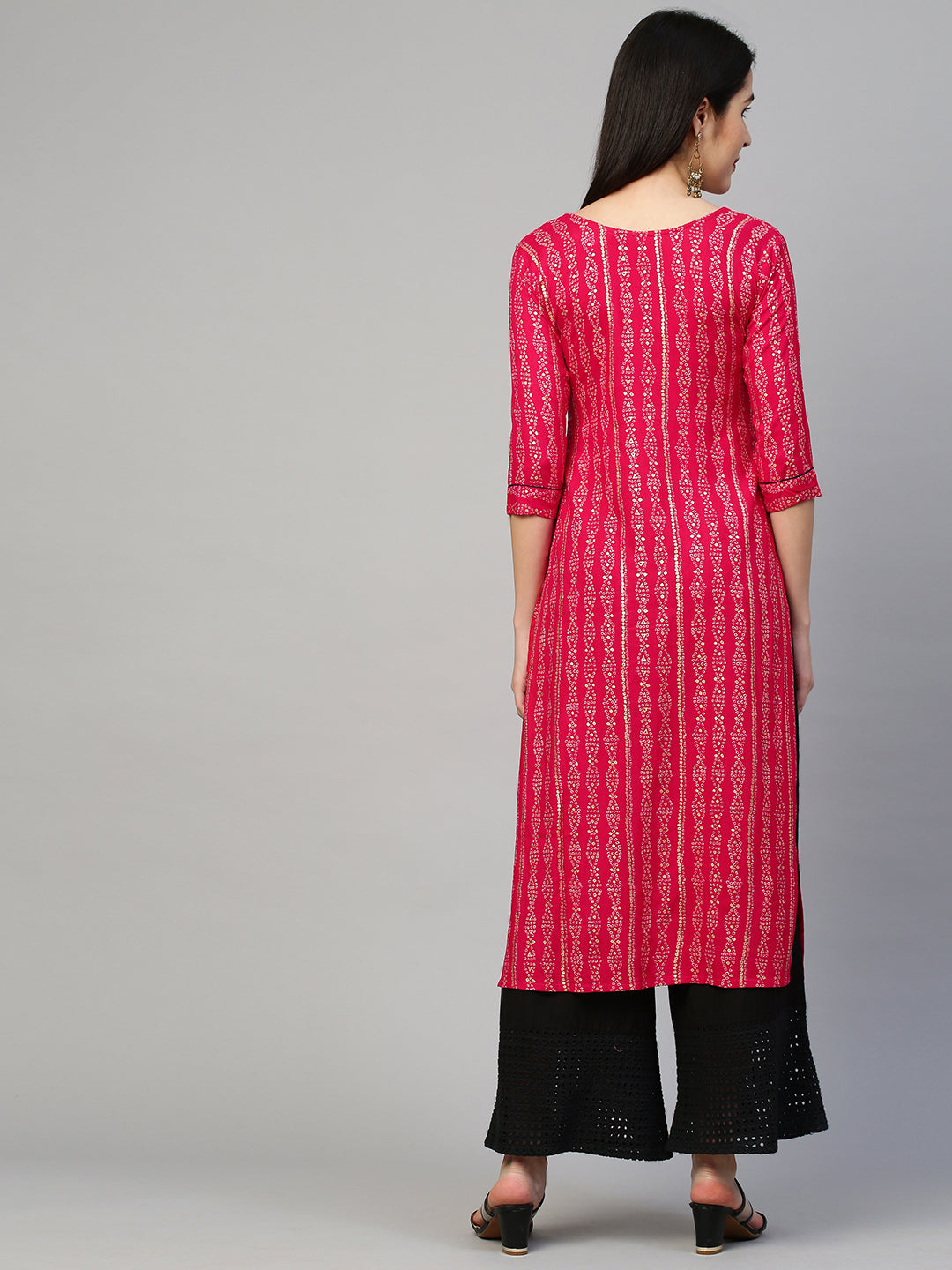 Bandhej Printed & Embroidered Kurta - Hot Pink