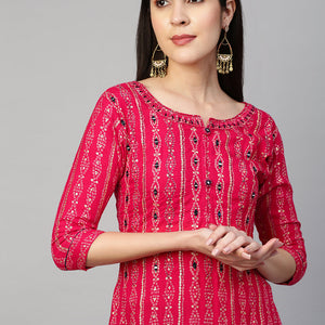 Bandhej Printed & Embroidered Kurta - Hot Pink