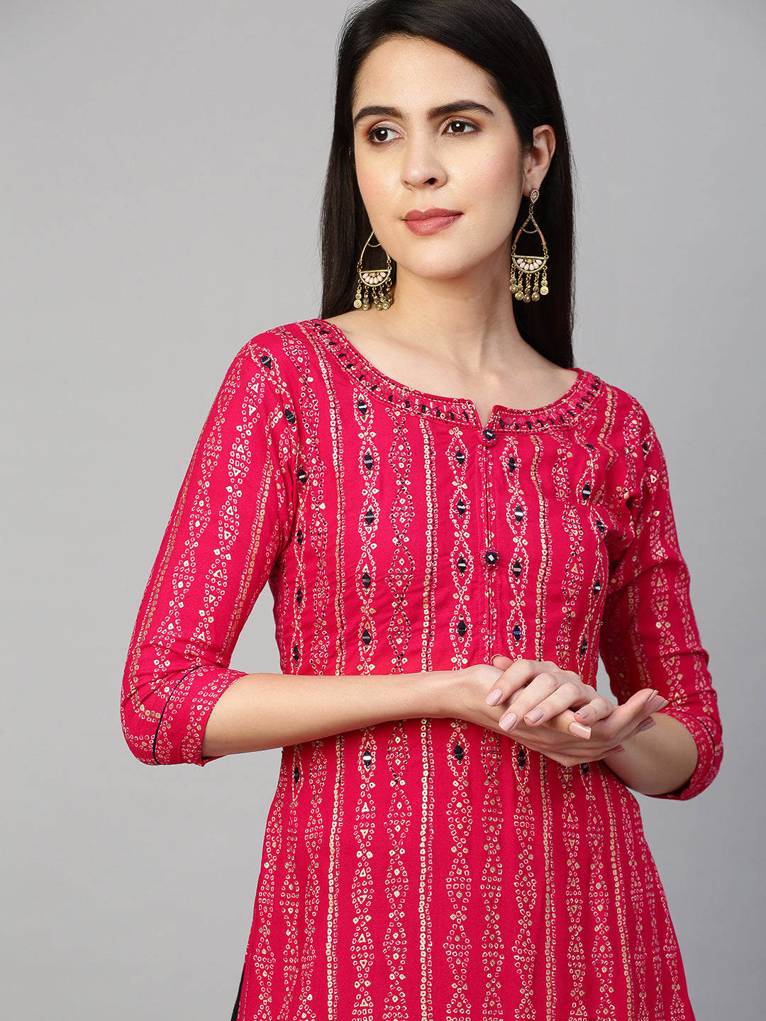 Bandhej Printed & Embroidered Kurta - Hot Pink