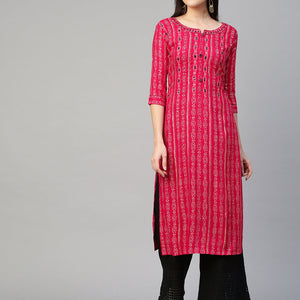 Bandhej Printed & Embroidered Kurta - Hot Pink