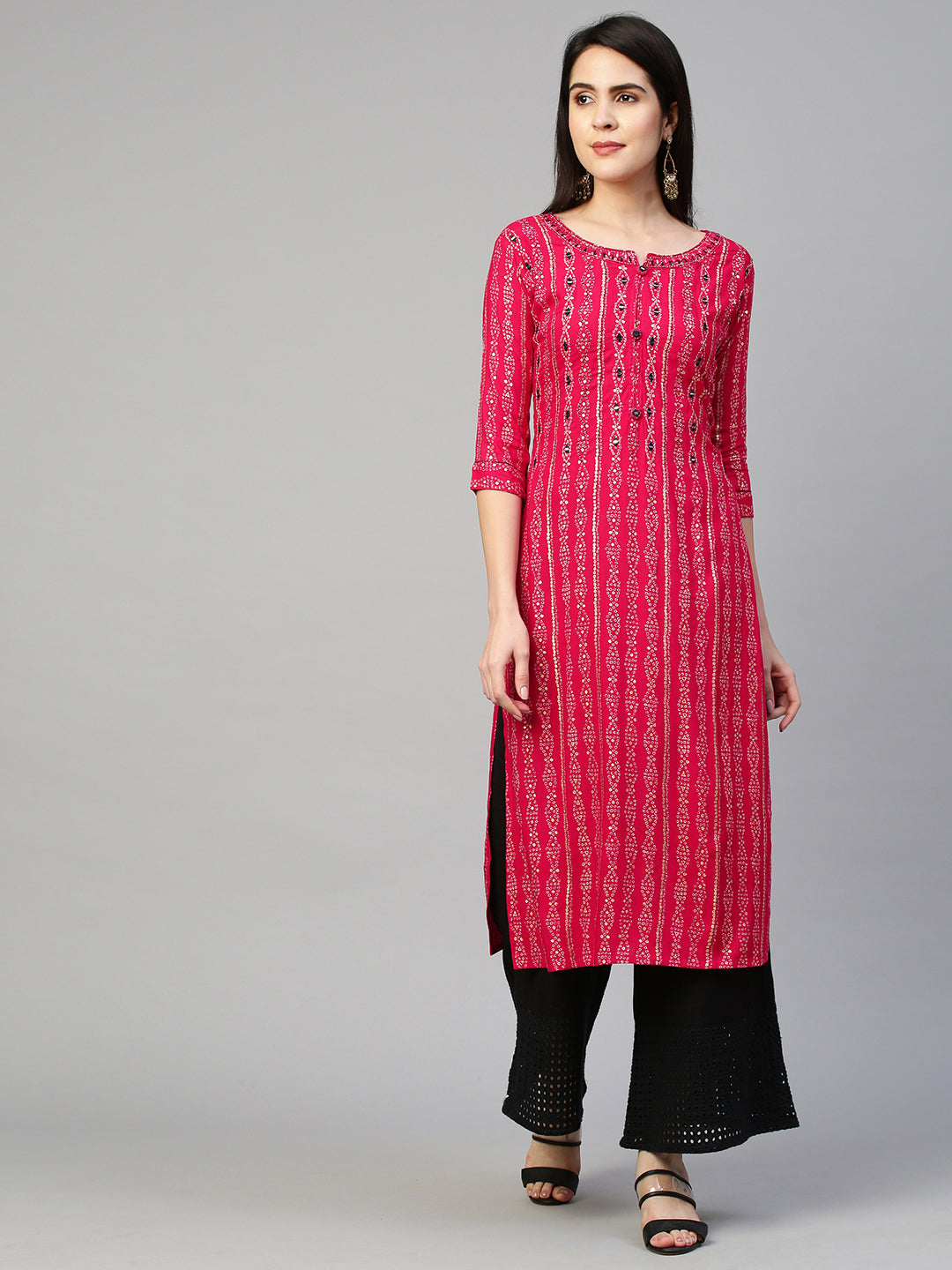 Bandhej Printed & Embroidered Kurta - Hot Pink