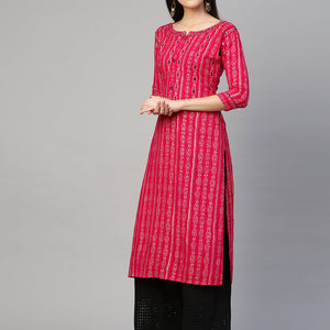 Bandhej Printed & Embroidered Kurta - Hot Pink